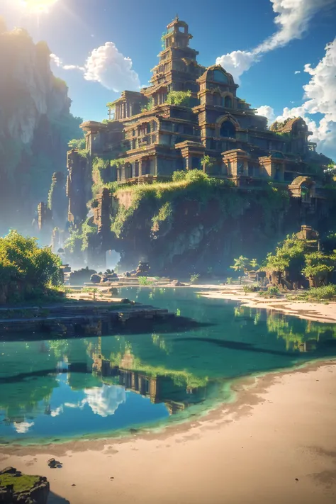 (8k, RAW photo, best quality, masterpiece:1.2), (realistic, photorealistic:1.5), octane render, ultra high res, ultra-detailed , professional lighting, photon mapping, radiosity, physically-based rendering, ue5, ((island sanctuary)), ((ancient fallen kingdom)), ((reflections in water)), ((raytracing)), ((drowned city)), landscape,