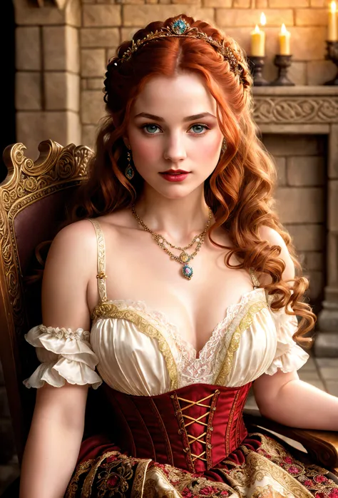 Intricately detailed, Full body, portrait painting of a Beautiful long haired ginger woman, upsweep updo, in intricate victorian fancy dress, seductively posed sitting on carved wooden chair, in intricate victorian fancy (full dress with skirts), covered legs, medium small breasts, pretty face, scottish descent, pale skin, beauty mark on cheek, dark red lips, dark eye shadow, ornate pendant, white lace lingerie, sitting in front of a large stone fireplace in a luxurious fantasy castle, side lighting, shallow sharp depth of field, (cinematic lighting), (soft), (highly detailed), (dramatic), (complimentary colors), (Award winning), (Masterpiece), Game of Thrones, (HDR), (8k wallpaper), Style-HogLegacy, Style-Renaissance, Style-Empire, (photorealistic:1.6), (90's fantasy art),