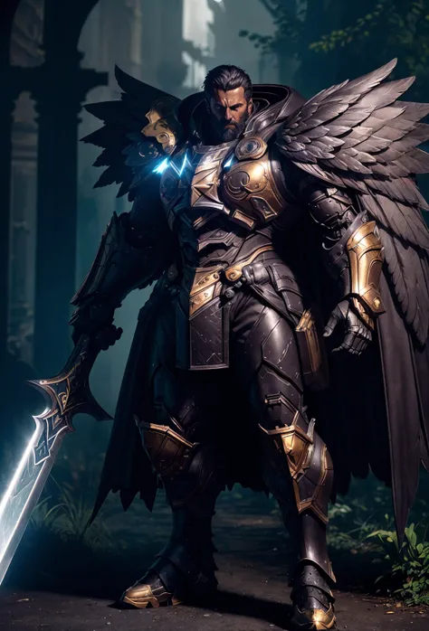 cell shading, digital art, bloom, dark and gloomy full body 8k photography, a man wearing Parrley_armor, (big bulky futuristic armor), (angel wings:1.2) <lora:Parrley1:0.85>,  <lora:AngelicWarriors_v1:0.25>, gold yonder hair, wielding a holy sword, outdoors, action shot, tattered torn cloak, skin pores, detailed intricate iris, very dark lighting, heavy shadows, detailed, detailed face, (vibrant, dramatic, dark, sharp focus, 8k)