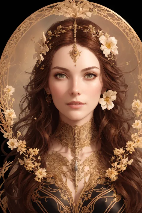 8k (full portrait) of beautiful cyborg with brown hair, intricate, elegant, highly detailed, majestic, digital photography, (art by artgerm and ruan jia and greg rutkowski, flowers of hope by Jean-Honor Fragonard, Peter mohrbacher), surreal painting gold filigree, broken glass, ornate frame:0.3, jewelry, hyper detailed, insane details, stunning, intricate, elite, art nouveau, ornate, liquid wax, elegant, luxury, Greg Rutkowski, ink style, sticker, vector-art beautiful character design, double exposure shot, luminous design, flowers in hair:0.45, head piece:0.15, circlet, seductive, perfect body, realistic metals, (masterpiece, award winning, sidelighting, finely detailed beautiful eyes: 1.2), hdr, (off angle), ((analog style)), (photorealistic:1.4), (skeleton like:0.42), simple mottled background, long auburn red hair, (concept art)