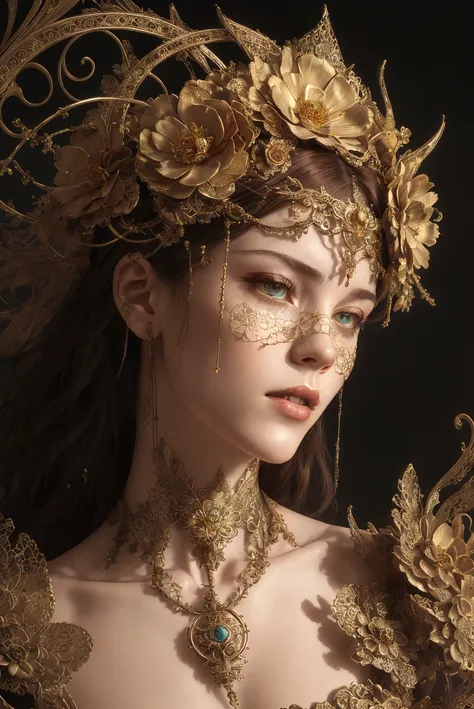 8k (full portrait) of beautiful cyborg with brown hair, intricate, elegant, highly detailed, majestic, digital photography, (art by artgerm and ruan jia and greg rutkowski, flowers of hope by Jean-Honor Fragonard, Peter mohrbacher), surreal painting gold filigree, broken glass, ornate frame:0.3, jewelry, hyper detailed, insane details, stunning, intricate, elite, art nouveau, ornate, liquid wax, elegant, luxury, Greg Rutkowski, ink style, sticker, vector-art beautiful character design, double exposure shot, luminous design, flowers in hair:0.45, head piece:0.15, circlet, seductive, perfect body, realistic metals, (masterpiece, award winning, sidelighting, finely detailed beautiful eyes: 1.2), hdr, (off angle), ((analog style)), (photorealistic:1.6), (skeleton like:0.42), simple mottled background, long auburn red hair, (concept art), perfect lighting, perfect shading, <lora:BlindMask_v1:0.85>