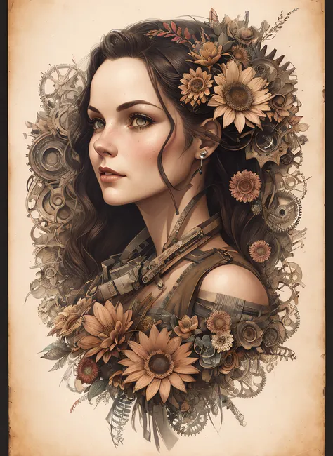 Charlie Bowater realistic Lithography sketch portrait of a woman, flowers, [gears], pipes, dieselpunk, multi-colored ribbons, old paper texture, highly detailed