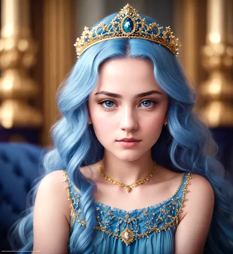 princess, hair blue, in dress blue ornate gold ((realism)), extremely high quality RAW photograph, ultra detailed photograph, sharp focus, high resolution, high quality, film grain, Fujifilm XT3,Highly Detailed, movie, (Cinematic Photo:1.3) of (Realistic:1.3),Photorealism, (Magical Photo:1.3)