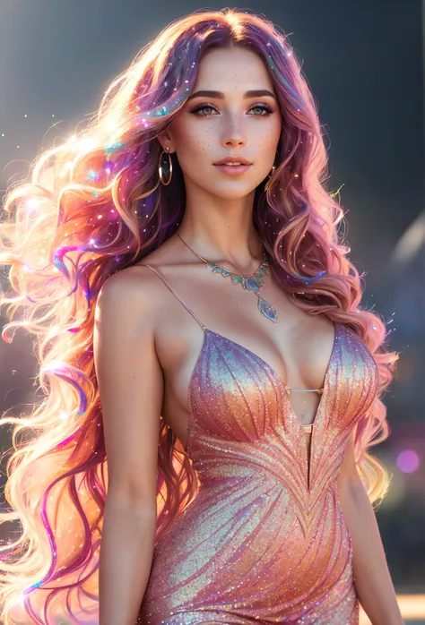 photorealistic painting ((full body)) portrait of ((stunningly attractive)) a woman at a music festival, ((perfect feminine face)), (+long colorful wavy hair), (+glitter freckles), glitter, wearing a glittery dress, intricate, 8k, highly detailed, volumetric lighting, digital painting, intense, sharp focus, art by artgerm and rutkowski and alphonse mucha, cgsociety, perfect lighting, perfect shading, volumetric lighting, subsurface scattering, beautiful, gorgeous, stunning, perfect body, (photorealistic:1.6), (sharp focus), simple background:0.6, edge lighting, jewelry,