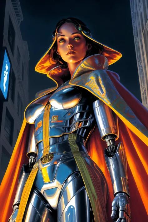 closeup shot of a robot scifi streets, wearing detailed multi color robes cape,
Jay Anacleto
from below
dim light
dramatic lighting
(masterpiece, best quality ),