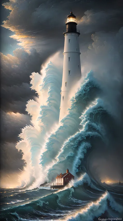 An ultra-detailed oil painting of a lighthouse surrounded by raging waves and stormy skies. (dramatic:1.4), (hyper-realistic), (highly detailed:1.5), (intricate details:1.2), (palette knife:1.2), (by Greg Manchess), (HDR:1.3), (intense:1.1), (cinematic lighting:1.3), (trending on CGsociety), (surreal:1.2), (high contrast:1.3), (oil painting texture:1.5), (dramatic shadows:1.2), perfect lighting, perfect shading,