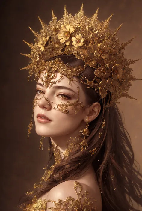 8k (full portrait) of beautiful cyborg with brown hair, intricate, elegant, highly detailed, majestic, digital photography, (art by artgerm and ruan jia and greg rutkowski, flowers of hope by Jean-Honor Fragonard, Peter mohrbacher), surreal painting gold filigree, broken glass, ornate frame:0.3, jewelry, hyper detailed, insane details, stunning, intricate, elite, art nouveau, ornate, liquid wax, elegant, luxury, Greg Rutkowski, ink style, sticker, vector-art beautiful character design, double exposure shot, luminous design, flowers in hair:0.45, head piece:0.15, circlet, seductive, perfect body, realistic metals, (masterpiece, award winning, sidelighting, (finely detailed beautiful eyes: 1.2), hdr, (off angle), ((analog style)), (photorealistic:1.6), (skeleton like:0.42), simple mottled background, long auburn red hair, (concept art), perfect lighting, perfect shading, <lora:BlindMask_v1:0.85>