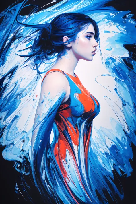 masterpiece, best quality, ultra high res, 1girl, (abstract art:1.4), bleeding blue, blue theme, visually stunning, beautiful, evocative, emotional, side view, perfect lighting, perfect shading, volumetric lighting, subsurface scattering, (photorealistic:1.25)