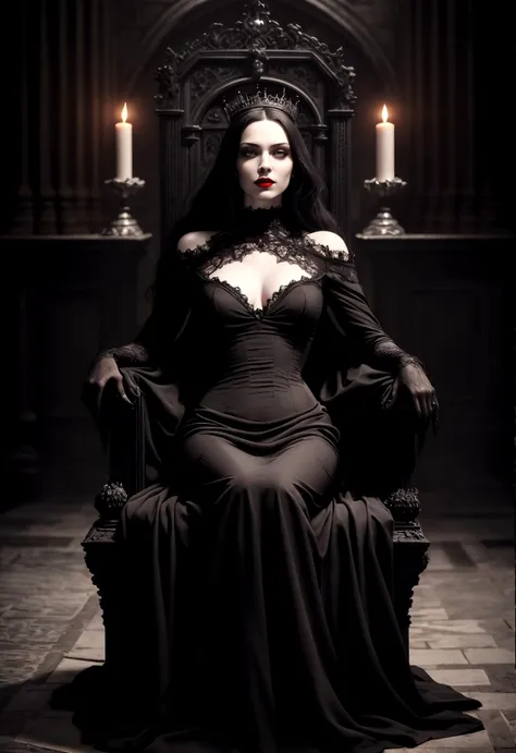 Extremamente Realista, imagem arafed de uma mulher em um vestido preto sentado em uma cadeira, rainha vampira bonita, dark goth queen, sentada em seu trono, em seu trono, rainha vampira, rainha feminina vampira bonita, Morticia Addams, an elegant gothic princess, Rainha das Trevas, Rainha do Submundo, Morgana, beautiful elegant demon queen, Princesa das Trevas