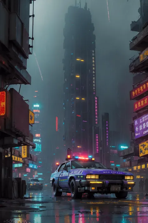(photorealistic:1.7),(masterpiece, best quality), unity, 8k wallpaper, ultra detailed, exquisitely detailed skin, (cinematic angle,low angle), beautiful and aesthetic, glowing skin, sci-fi, neon lights, glowing signs, from front, wide shot, cinematic lighting, dramatic lighting, cyberpunk 2077, a scene a of urban city street, (cyberpunk), (the Kowloon Walled City), (police aircraft flying over city), a great building tower background, (rainstorm, mist), dramatic, (intricate, detailed, realistic), (science fiction), (90's fantasy art), retro, cyberpunk police car, 
fantasy, high contrast:0.6, ink strokes, over exposure, purple, blue and red tone impression, abstract:0.3, ((watercolor painting by John Berkey and Jeremy Mann:0.75)), (brush strokes), negative space:0.15, perfect lighting, perfect shading, volumetric lighting, subsurface scattering, (concept art),