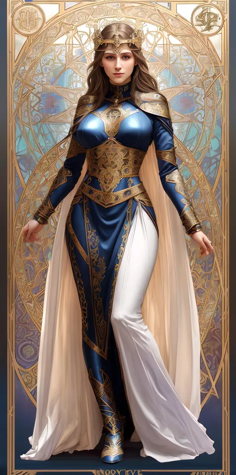 full body portrait of a beautiful norse Huntress
, victorian nouveau Tarot [ art | banner ]
full  of geometric floral arabesque motifs
( ( in CCDDA artstyle )
by Alphonse Mucha )
, perfect [ ominous |  dramatic ] lighitng
projecting [ dramatic |  ominous ] ( shadows and highlights )
with shiny edge ( reflections )  and detailed ambient occlusion
enhancing 3D ( solid drawing  volumetry  perspective ( depth ) )
, [ neat and clean |  ( clear and readable ) ] composition of sharp precisely stabilized lines
with ( [ ( clear and readable ) | neat and clean  ]  tangents ) full of  negative space
, ( [ colorful | vibrant ] ( HDR ) image ) with huge color [ depth | range ] with ACES tone mapping, (geometric, sigils, symbols), masterpiece, realistic:1.35, good shading, perfect body,