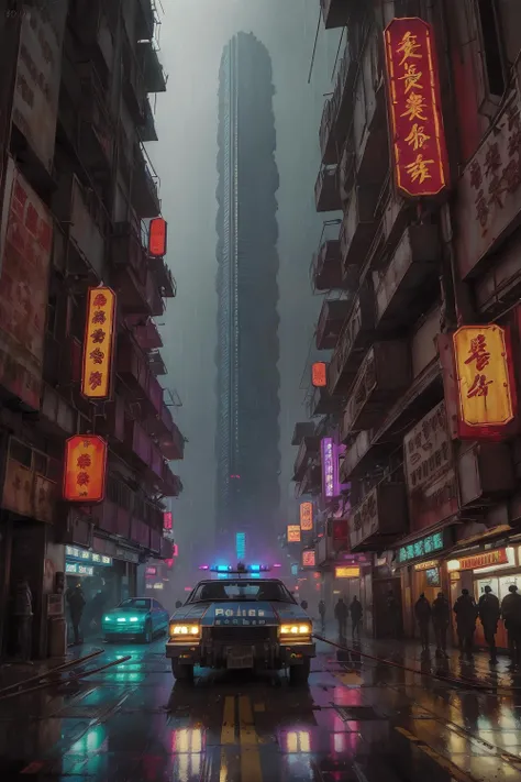 (photorealistic:1.7),(masterpiece, best quality), unity, 8k wallpaper, ultra detailed, exquisitely detailed skin, (cinematic angle,low angle), beautiful and aesthetic, glowing skin, sci-fi, neon lights, glowing signs, from front, wide shot, cinematic lighting, dramatic lighting, cyberpunk 2077, a scene a of urban city street, (cyberpunk), (the Kowloon Walled City), (police aircraft flying over city), a great building tower background, (rainstorm, mist), dramatic, (intricate, detailed, realistic), (science fiction), (90's fantasy art), retro,
fantasy, high contrast:0.6, ink strokes, over exposure, purple, blue and red tone impression, abstract:0.3, ((watercolor painting by John Berkey and Jeremy Mann:0.75)), (brush strokes), negative space:0.15, perfect lighting, perfect shading, volumetric lighting, subsurface scattering, (concept art),
