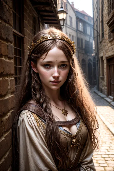 (medieval fantasy art), 1girl, beautiful, perfect face, petite, torn clothes, peasant, messy hair, dirty clothes, torn fabric, lost in alley, dnd, fantasy, (masterpiece, photorealistic, absurdres), dappled sunlight, studio lighting, <lora:add_detail:0.9>