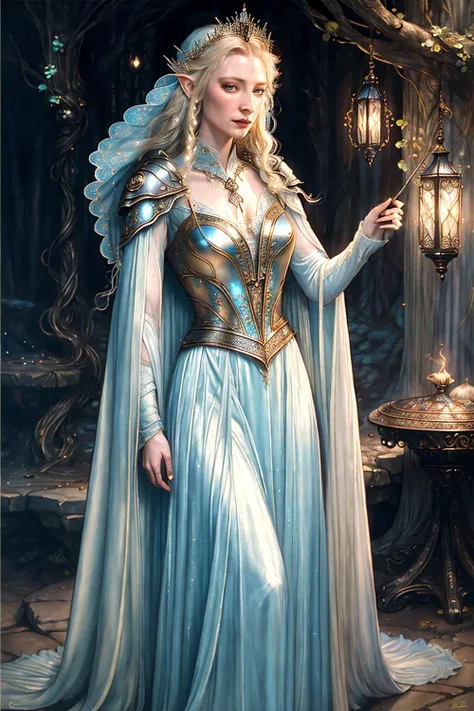 (masterpiece, best quality, detailed), 8K, best lighting, beautiful face, detailed face, detailed eyes, 1girl, elf, full body, (Galadriel, Cate Blanchett), (solo:1.5), Lothlorien, white dress, silver dress, long flowing hair, wind, the lord of the rings, fantasy, illustration by amano yoshitaka, wind, perfect lighting, perfect shading, volumetric lighting, subsurface scattering, (fantasy art), <lora:amano_yoshitaka_offset:1.0>, muted colors, (photorealistic:1.5)