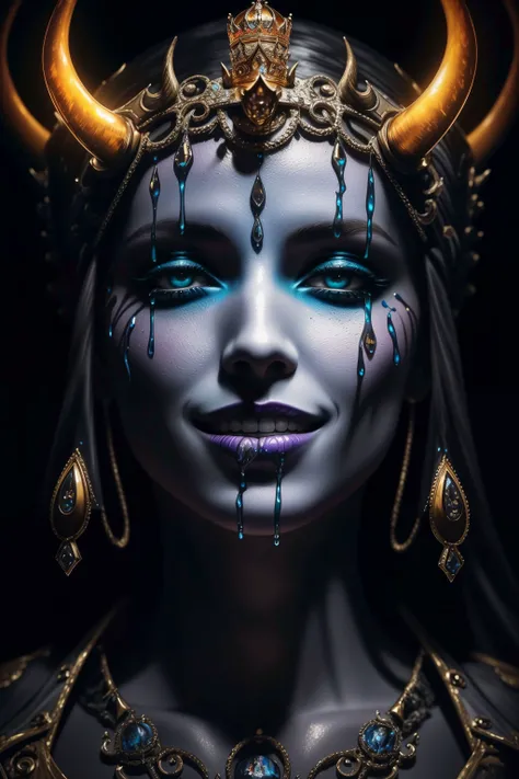 8K, highly detailed, digital photography, painting, medium shot of a (underworld queen) , Nikon d850, F/8, dripping Psychedelic, diabolic smile, satanic, on the edge, intricate, perfect lighting, perfect shading, hdr, (photorealistic:1.6)