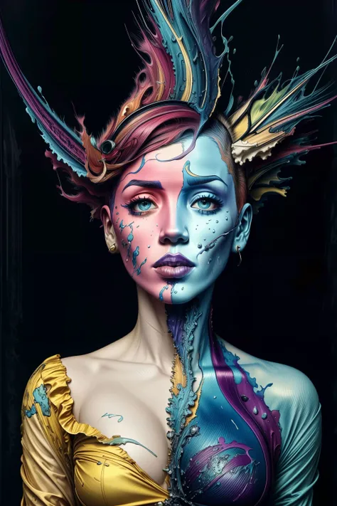 a woman with blue hair wearing a colorful outfit and a colorful background with paint splatters on it, by Hirohiko Araki,official art, unity 8k wallpaper, ultra detailed, beautiful and aesthetic, masterpiece, best quality, (zentangle, mandala, tangle, entangle), 1girl, extremely detailed, dynamic angle, cowboyshot, the most beautiful form of chaos, elegant, a brutalist designed, vivid colours, romanticism, by james jean, roby dwi antono, ross tran, francis bacon, michal mraz, adrian ghenie, petra cortright, gerhard richter, takato yamamoto, ashley wood, atmospheric, ecstasy of musical notes, streaming musical notes visible
