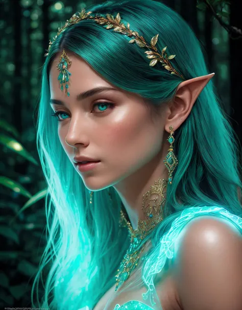 (analog style), An ethereal female figure with delicate, luminescent background, surrounded by glowing enchanted forest, pointed ears, jewelry, intricate, detailed,
Subsurface skin scattering, shiny skin, (iridescent dress), detailed clothing texture, detailed background, ([Evangeline Lilly|Adriana Lima|Adriana Lima]:0.8), round cute face, teal eyes, close-up, amazing fine detail, Nikon D850 film stock photograph Kodak Portra 400 camera f1.6 lens, rich colors, lifelike texture, dramatic lighting, unreal engine, trending on ArtStation, cinestill 800 tungsten, (perfect skin texture, perfect body), gorgeous, stunning, beautiful, perfect lighting, perfect shading, volumetric lighting, subsurface scattering, (photorealistic:1.6)