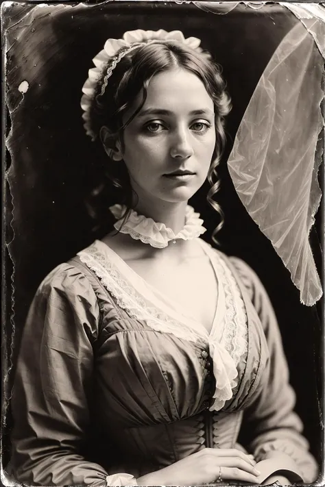 studio portrait of VeronicaCipher, victorian woman, wearing high collar victorian gown, lace, satin, jaquard, 1800s, analog, grainy, dust, scratches, blurry, Daguerreotype, Gelatin silver, Collodion_Photo, sepia <lora:LowRA:0.8> <lora:Collodion_Photo:0.95>, (photorealistic:1.6)