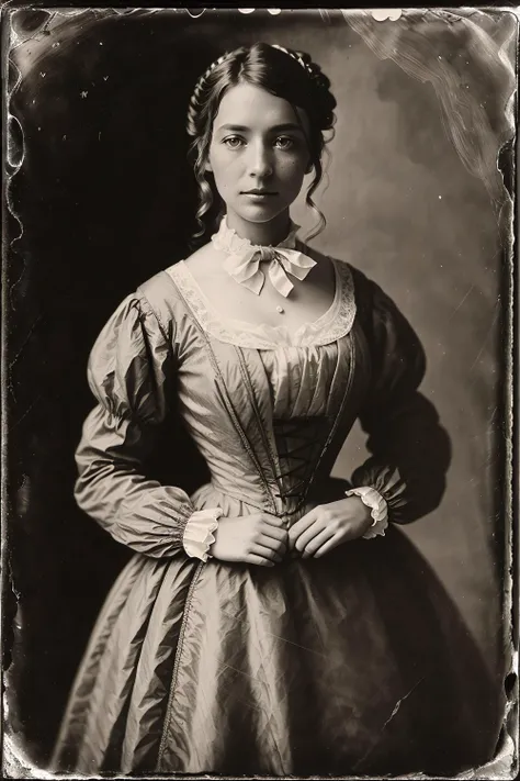 studio portrait of VeronicaCipher, victorian woman, wearing high collar victorian gown, lace, satin, jaquard, 1800s, analog, grainy, dust, scratches, blurry, Daguerreotype, Gelatin silver, Collodion_Photo, sepia <lora:LowRA:0.8> <lora:Collodion_Photo:0.95>, (photorealistic:1.6)