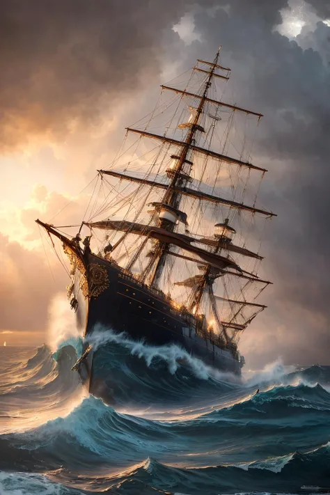 Professional photo of a steampunk ship on high sea. Huge waves, raging waves and stormy skies, Milky Way, Highly detailed, complex background, perfect lighting, lens flares, shadows, intricate details, golden hour, film grains, masterpiece, highest quality, realistic, raging waves and stormy skies, (highly detailed:1.5), (intricate details:1.2), (palette knife:1.2), (by Greg Manchess), (photorealistic:1.6),