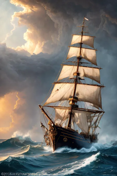 Professional photo of a steampunk tallship on the high sea, under sails, Huge waves, raging waves and stormy skies, Milky Way, Highly detailed, complex background, perfect lighting, lens flares, shadows, intricate details, golden hour, film grains, masterpiece, highest quality, realistic, raging waves and stormy skies, (highly detailed:1.5), (intricate details:1.2), (palette knife:1.2), (by Greg Manchess), (photorealistic:1.6),