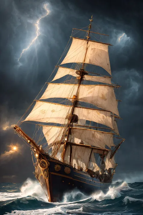 Professional photo of a steampunk tallship on the high sea, under sails, Huge waves, raging waves and stormy skies, Milky Way, Highly detailed, complex background, perfect lighting, lens flares, shadows, intricate details, golden hour, film grains, masterpiece, highest quality, realistic, raging waves and stormy skies, (highly detailed:1.5), (intricate details:1.2), (palette knife:1.2), (by Greg Manchess), (photorealistic:1.6),