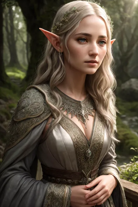 (detailed face, detailed eyes, clear skin, clear eyes), lotr, fantasy, elf, female, full body, looking at viewer, portrait, photography, detailed skin, realistic, photo-realistic, 8k, highly detailed, full length frame, High detail RAW color art, piercing, diffused soft lighting, shallow depth of field, sharp focus, hyperrealism, cinematic lighting, (intricately detailed dress, low cut), fantasy style, perfect lighting, perfect shading, volumetric lighting, subsurface scattering, beautiful, stunning, gorgeous, (photorealistic:1.7), (mature adult:1.4),