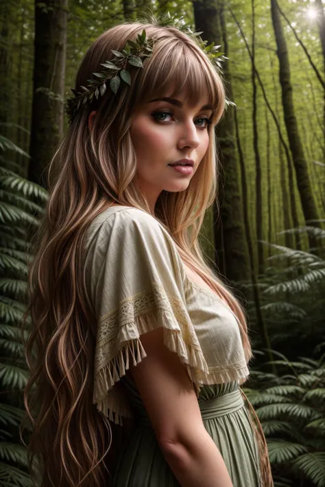 RAW photo, An Instagram model in a picturesque forest, dressed in boho-chic attire, Bangs with layers, Two-tone hair color, surrounded by lush greenery and sunlight filtering through the trees, embracing the serenity of nature, documentary photography, creative shadow play, detailed skin, skin blemish, <lora:more_details:0.65> <lora:skinny_new_skin:0.25>