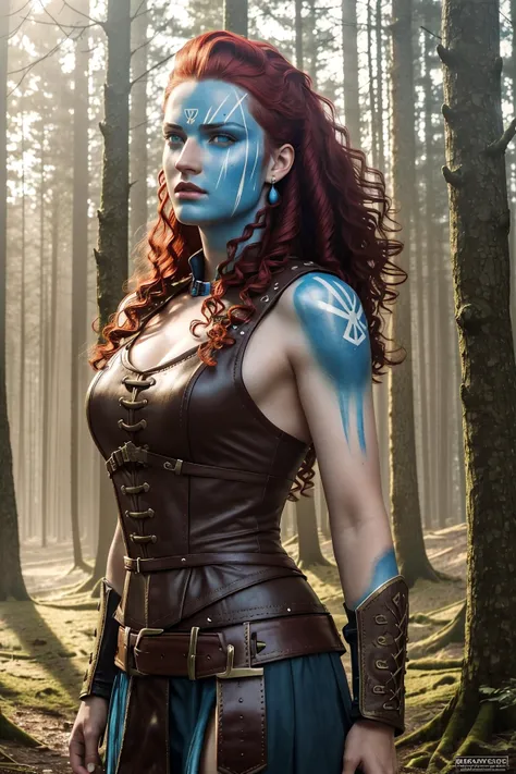 (analog style:1.3), (3/4 view), (full torso), An extremely Beautiful young Woman, pale skin, blue eyes, (long fluffy curly red hair), shaved sides, warrior cut, Scottish, archer, light leather armor, (Blue War face-paint|symmetrical), Birch forest, 
gritty sharp focus, intricate, character concept, 
(photorealistic:1.6), highly detailed, high detailed face, soft lighting, vibrant colors, masterpiece, perfect lighting, perfect shading, volumetric lighting, subsurface scattering,