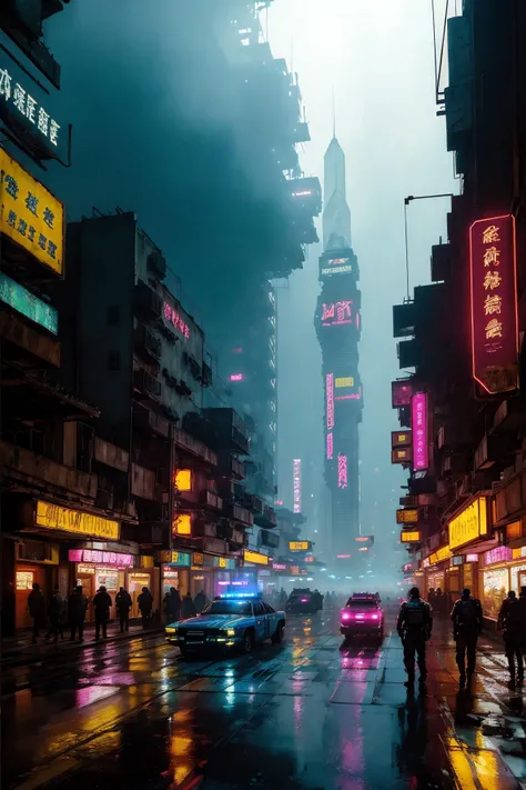 (photorealistic:1.7), (masterpiece, best quality), unity, 8k wallpaper, ultra detailed, exquisitely detailed skin, (cinematic angle,low angle), beautiful and aesthetic, glowing skin, sci-fi, neon lights, glowing signs, from front, wide shot, cinematic lighting, dramatic lighting, (cyberpunk 2077), (blade runner influence), a scene a of urban city street, (cyberpunk), (the Kowloon Walled City), (police aircraft flying over city), a great building tower background, (rainstorm, mist), dramatic, (intricate, detailed, realistic), (science fiction), (90's fantasy art), retro, atmospheric, fantasy, high contrast:0.6, ink strokes, over exposure, purple, blue and red tone impression, abstract:0.3, ((watercolor painting by John Berkey and Jeremy Mann:0.75)), (brush strokes), negative space:0.15, perfect lighting, perfect shading, volumetric lighting, subsurface scattering, (concept art),