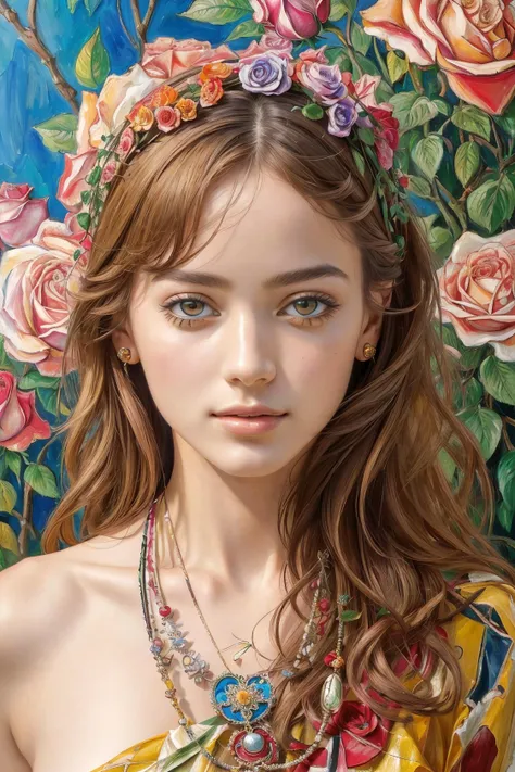masterpiece, best quality, ultra high res, highly detailed, (style of Oskar Kokoschka:1), (abstract expressionism art:1.1), ([female | nature:10]), female, plants, love, rose for eyes, bright color theme, colorful, visually stunning, beautiful, gorgeous, emotional, intricate, perfect shading, perfect body, detailed, (photorealistic:1.6), (mature adult:1.4),