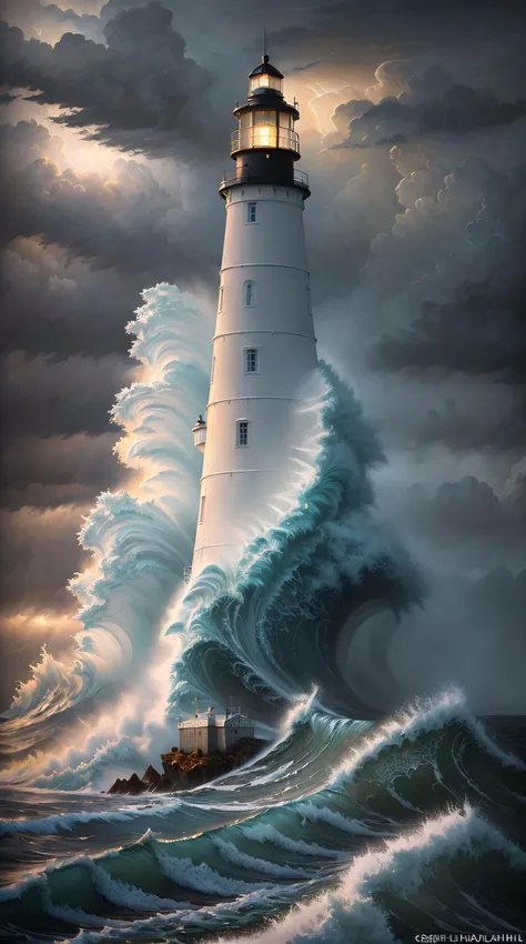 An ultra-detailed oil painting of a lighthouse surrounded by raging waves and stormy skies. (dramatic:1.4), (hyper-realistic), (highly detailed:1.5), (intricate details:1.2), (palette knife:1.2), (by Greg Manchess), (HDR:1.3), (intense:1.1), (cinematic lighting:1.3), (trending on CGsociety), (surreal:1.2), (high contrast:1.3), (oil painting texture:1.5), (dramatic shadows:1.2), perfect lighting, perfect shading,