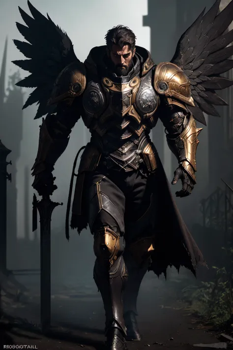 cell shading, digital art, bloom, dark and gloomy full body 8k photography, a man wearing Parrley_armor, (big bulky futuristic armor), (angel wings:1.2), <lora:Parrley1:0.85>, <lora:AngelicWarriors_v1:0.25>, gold yonder hair, wielding a holy sword, outdoors, action shot, tattered torn cloak, skin pores, detailed intricate iris, very dark lighting, heavy shadows, detailed, detailed face, (vibrant, dramatic, dark, sharp focus, 8k), (photorealistic:1.6),