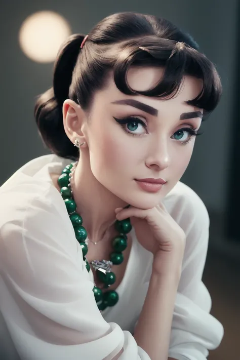 ((AudreyHepburn)), mj3d style,3dmm,3d,(full body shot:1.3), bokeh:1.2, indoors, on a soft bed, high-heels, looking at viewer,((tugging on over-sized white shirt with shoulders showing, necklace)), (22 years old woman), medium breast, small waist, (green eyes, beautiful eyes), beautiful face, perfect illumination, beautiful detailed eyes, looking at viewer, stunningly beautiful woman, detailed hairstyle, good hands, detailed hands, good feet, (8k, RAW photo, best quality, masterpiece:1.2), (realistic, photo-realistic:1.37), ultra high res, photon mapping, radiosity, physically-based rendering, (ambient light:1.3), (cinematic composition:1.0),professional soft lighting, light on face