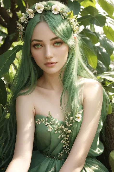 portrait, solo, upper body, looking at viewer, detailed background, detailed face, 1 female, nymph, ethereal, nature-inspired, almond-shaped face shape, emerald eye color, cascading green hair, leafy attire, floral crown, serene expression, mystical feeling of the image, (perfect body), (photorealistic:1.6), (mature adult:1.3),