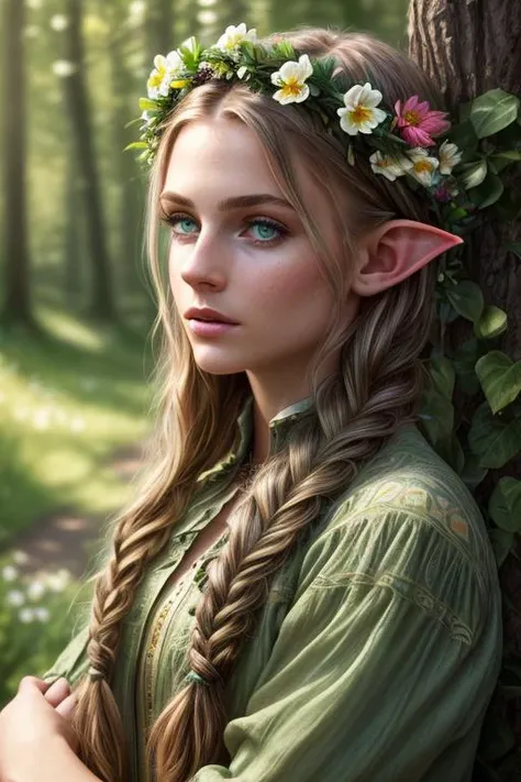 (best quality, ultra-detailed, masterpiece: 1.4), cinematic lighting, HDR, 8k resolution, detailed background, beautiful face, beautiful eyes, young petite woman, long elf ears, large green eyes, braided hair, magic forest, bright colors, flowers, leaves, veins, multi-layered clothing, flower-patterned clothing, flower crown, <lora:more_details:0.4>