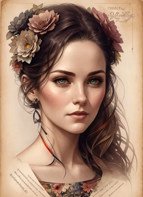 Charlie Bowater realistic Lithography sketch portrait of a woman, flowers, [gears], pipes, dieselpunk, multi-colored ribbons, old paper texture, highly detailed, photorealistic:1.35
