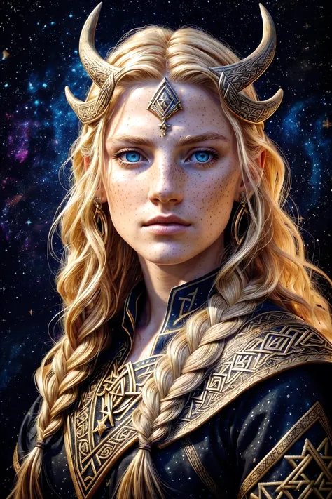 (best quality, masterpiece, realistic, detailed), 8k CG, perfect artwork, <lora:add_detail:1>
1 girl, adult (elven:0.7) woman, freckles, black eyes, blonde fishtail braid,
portrait, solo, half shot, looking at viewer, detailed background, detailed face, (<lyco:CulturePunkBundle-000007:0.6>, vikingpunkai, norse viking theme:1.1) (glowing eyes:1.05), embodied star constellation, star sign, horoscope, calm composure, leo, esoteric geometric patterns, astral , galaxies, glow, aura, bloom, cosmic dust, cosmic space background, esoteric atmosphere, perfect shading, perfect lighting, subsurface scattering, volumetric lighting, (photorealistic:1.6)