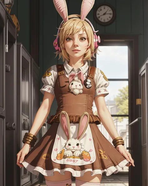 anime artwork , (masterpiece, best quality) 1girl, closeup of TinyTina, blonde hair, (wizard bunny hat:1.2), headphones, rabbit image on skirt, Persona 4 style, art by Shigenori Soejima, japanese laundromat in a small town,
<lora:TinyTina:0.7> . anime style, key visual, vibrant, studio anime, highly detailed