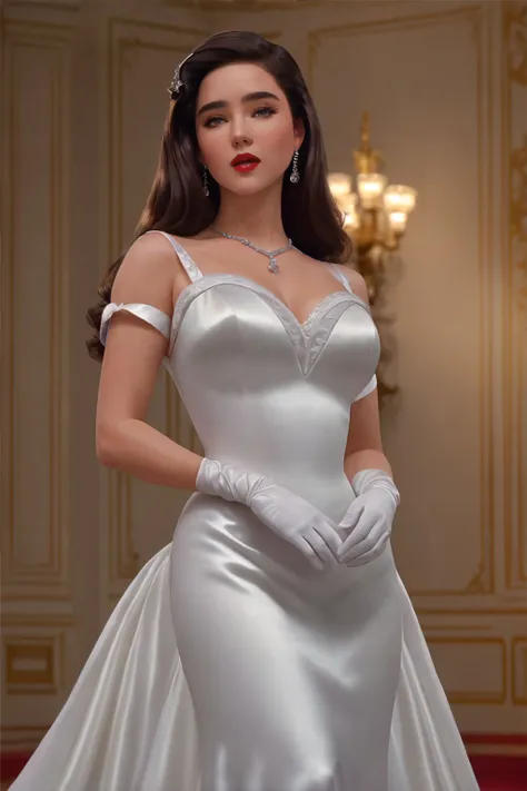 photo of beautiful jenniferconnelly-co-smf, a woman, make-up, (a full length white satin 1940's gown:1.2), (opera length white satin gloves:1.2), ((dark brown hair)), ((1940's long hairstyle)), diamond necklace, in a marble ball room, natural light, detailed eyes, dynamic romantic pose, inciting you to have sex with her, "happy playfull hot, horny expression", (closeup) (masterpiece:1.2) (photorealistic:1.2) (best quality) (detailed skin:1.2) (intricate details) (8k) (HDR) (cinematic lighting) (sharp focus), (looking at the camera:1.1), (full length image:1.1), <lora:GoodHands-vanilla:0.9>, <lyco:jenniferconnelly_co_lycoris_01-000005:0.9>