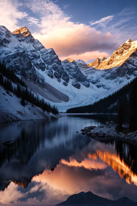A rainbow over a mountain lake surrounded by snow capped peaks, partially frozen lake, sunset, beautiful sky, realistic clouds, Chromatic, (Comic Book), Floral, ambient light, backlight masterpiece, realistic, award winning, volumetric light and fog, subsurface scattering, caustics, bloom, perfect exposure, perfect composition, rule of thirds, 8k, hdr10, cinematic, breathtaking, ray tracing <lora:add_detail:0.85> <lora:LAS:0.5> (eonn:0.75), perfect lighting, perfect shading, (photorealistic:1.6)