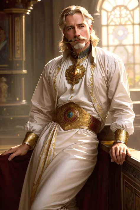 modelshoot style, (extremely detailed cg unity 8k wallpaper), (full body) painting of the most beautiful artwork in the world, (1_male:1.5), (from the 1940's), (Blond Hair), ((mustache)), classic style, retro, trending on artstation, trending on cgsociety, intricate, high detail, dramatic, (photorealistic painting by jeremy lipking, norman rockwell, by antonio j. manzanedo, by (alphonse mucha), gaston bussiere), midjourney style, perfect lighting, perfect shading, volumetric lighting, subsurface scattering, (photorealistic:1.5)