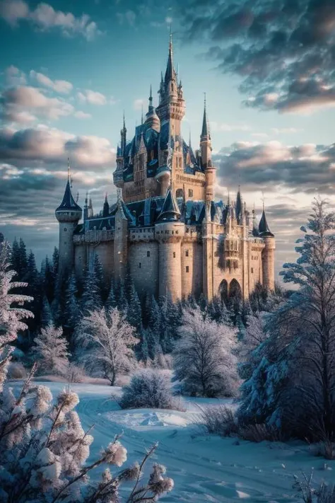 a profestional picutre of 6) The Peppermint Castle - A massive stone castle, its walls coated in shimmering peppermint ice that glitters in the sunlight. The air is filled with the sweet scent of cotton candy and the sound of raucous laughter from the castle's residents. The castle is said to be home to a powerful witch who can grant wishes to those who seek her out. ,wide angle, landscape , photorealism,unreal 5 daz, extremely detailed ,((ultrasharp)),((masterpiece)),((best quality)),((ultradetailed)),((intricated details)), extremaly detailed background, ultra realistic,32k,RAW photo, 8k ,dslr,soft lighting,high quality,film grain, beautiful and aesthetic,extremely detailed, natural shadows, <hypernet:sxzBloom_sxzBloom:0.7> <lora:add_detail:1> <lora:add_sharpness:0.63>