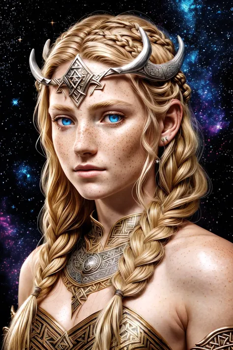 (best quality, masterpiece, realistic, detailed), 8k CG, perfect artwork, <lora:add_detail:1>
1 girl, adult (elven:0.7) woman, freckles, black eyes, blonde fishtail braid,
portrait, solo, half shot, looking at viewer, detailed background, detailed face, (<lyco:CulturePunkBundle-000007:0.6>, vikingpunkai, norse viking theme:1.1) (glowing eyes:1.05), embodied star constellation, star sign, horoscope, calm composure, leo, esoteric geometric patterns, astral , galaxies, glow, aura, bloom, cosmic dust, cosmic space background, esoteric atmosphere, perfect shading, perfect lighting, subsurface scattering, volumetric lighting, (photorealistic:1.6)