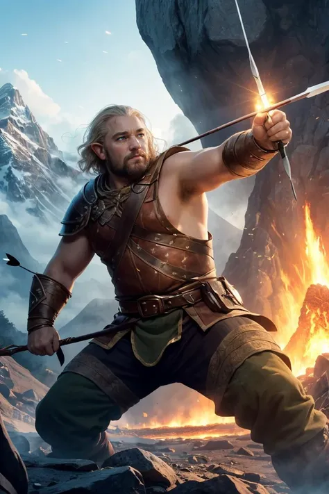Action scene, dynamic pose, firm stance, combat stance,
Focus on (middle earth, Ranger Nocking an arrow and taking careful aim, Pharaoh, Tall, Chubby, Round Face, Dark Skin, Platinum Blonde Hair, blue Eyes, Narrow Nose, Full Lips, Receding Chin, Old Dutch, Shoulder-length, Wavy, A sprawling dwarven city, carved deep into the heart of a mountain, Tolkien) fighting (Mummy),
In a bustling ancient city in the heart of a volcano, protected by a powerful force field,