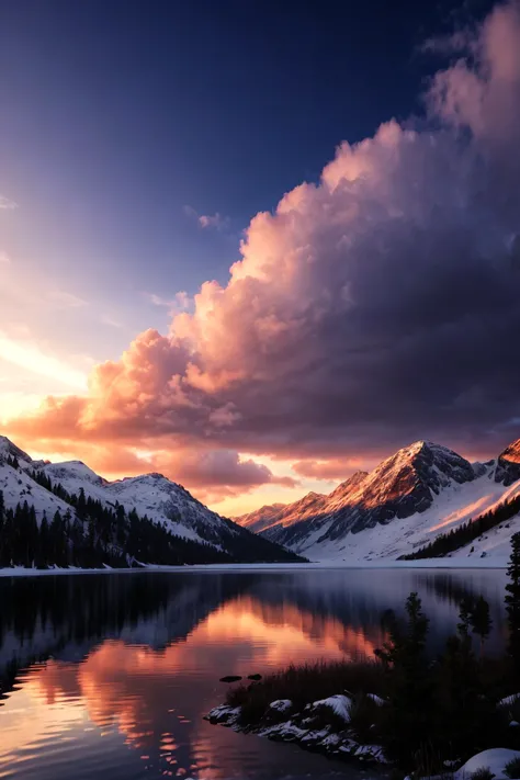 A rainbow over a mountain lake surrounded by snow capped peaks, partially frozen lake, sunset, beautiful sky, realistic clouds, Chromatic, (Comic Book), Floral, ambient light, backlight masterpiece, realistic, award winning, volumetric light and fog, subsurface scattering, caustics, bloom, perfect exposure, perfect composition, rule of thirds, 8k, hdr10, cinematic, breathtaking, ray tracing <lora:add_detail:0.85> <lora:LAS:0.5> (eonn:0.75), perfect lighting, perfect shading, (photorealistic:1.6)