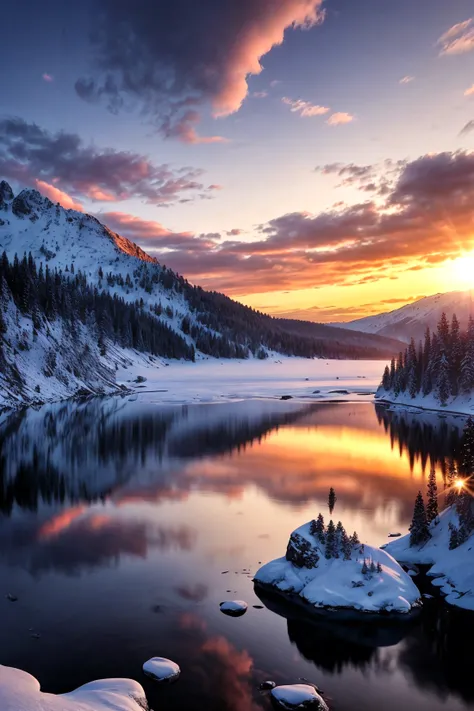 A rainbow over a mountain lake surrounded by snow capped peaks, partially frozen lake, sunset, beautiful sky, realistic clouds, Chromatic, (Comic Book), Floral, ambient light, backlight masterpiece, realistic, award winning, volumetric light and fog, subsurface scattering, caustics, bloom, perfect exposure, perfect composition, rule of thirds, 8k, hdr10, cinematic, breathtaking, ray tracing <lora:add_detail:0.85> <lora:LAS:0.5> (eonn:0.75), perfect lighting, perfect shading, (photorealistic:1.6)