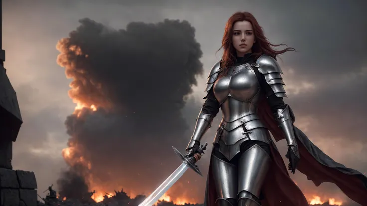 <lora:XL_Weapon_Sword_-_By_HailoKnight_2:1> ((practical polished silver sword with black crossguard in hand)), (scorched battlefield), soot, sparks in foreground, (smoke), overcast, ((war)), late afternoon, desolate, age 19, female knight, ((cute)), (((soft feminine features))), fair maiden, , long flowing auburn hair, silver armor, torn scarlet cloak, concern, fighting, stone block rubble, ultra wide shot,, render, 8k, octane render, cinema 4D, atmospheric 4k ultra detailed, cinematic sensual, sharp focus, big depth of field, Masterpiece, colors, 3d octane render, 4k, hyperrealistic, Vivid colors, (extremely detailed 8k wallpaper), High detail, Sharp focus, dramatic, photorealistic