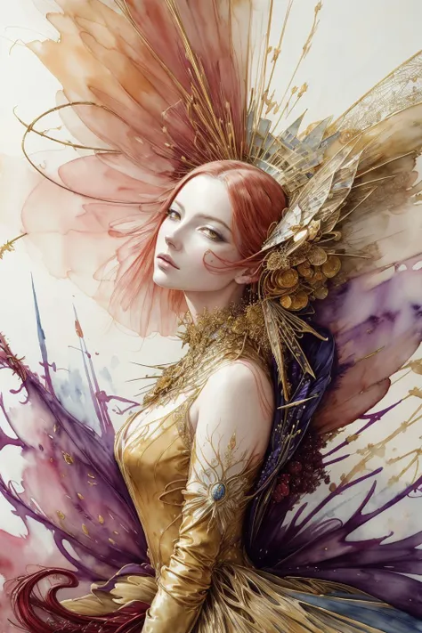1girl, prosthesis, prosthetic leg, red hair, solo, long hair, weapon, prosthetic arm, holding weapon, butterfly, very long hair, holding sword, sword, holding, bug, nude, completely nude, amputee, floating hair, closed mouth, breasts, navel, mechanical arms, flower, single mechanical arm