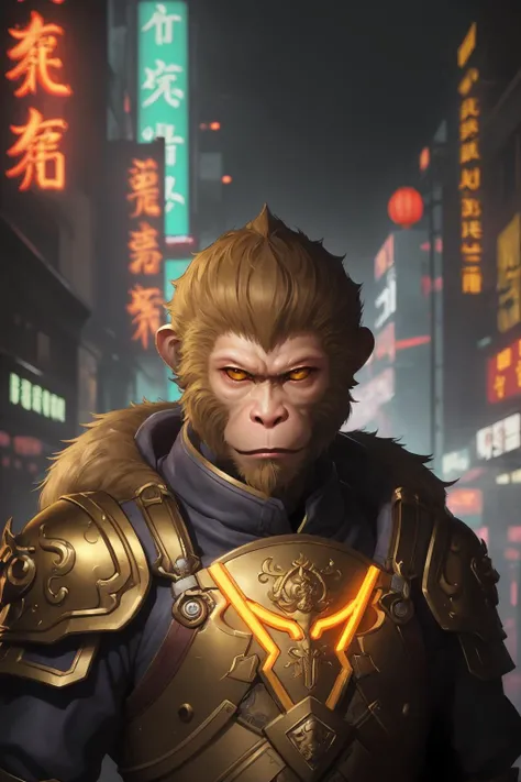 <lora:J2W-monkeyking-0515-1-lora:0.6>,Monkey king,wukong_xingzhe,wukong_armors,solo,city,chinese architecture,cyberpunk,glowing neon lights,Cinematic Lighting,highres,close-up,